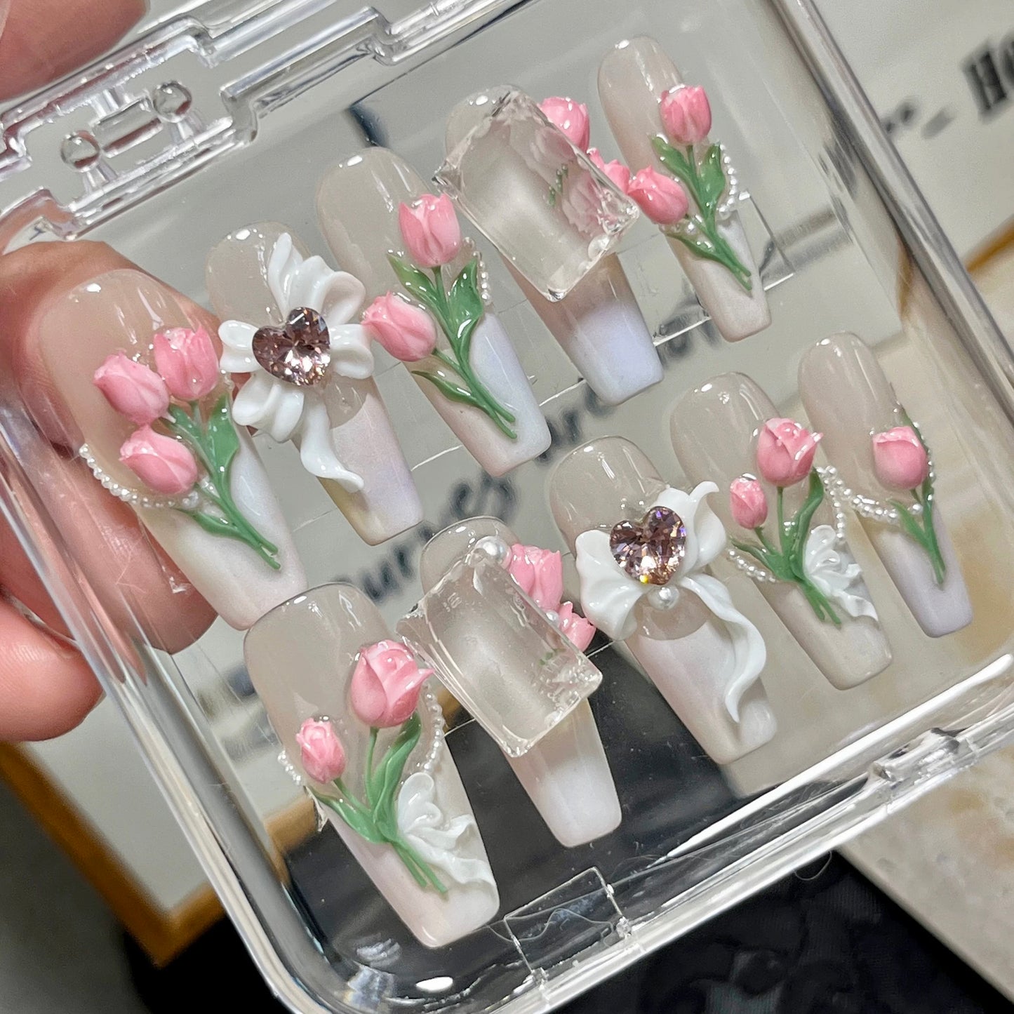 3D Elegant Camellia Nails | Flower Press on Nail | Heart Press on Nails | Ribbon Nails | Ballerina Nails Art Set | Wedding Nails