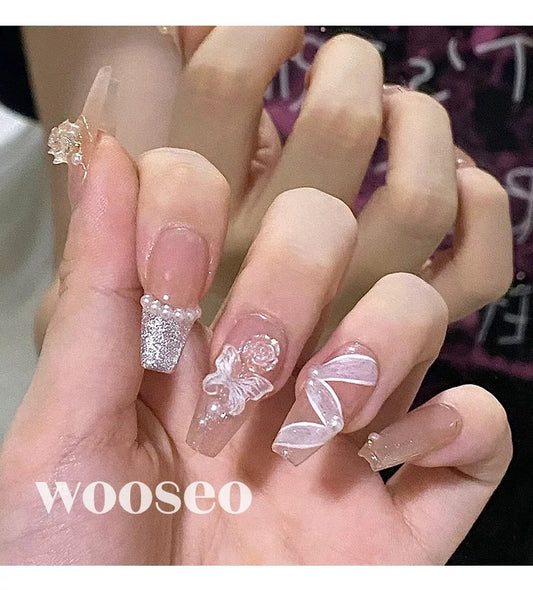 3D Elegant Camellia Nails | Butterfly Press on Nail | Chrome Fake Ombre Nails | Ribbon Nails | Ballerina Nails Art Set | Wedding Nails