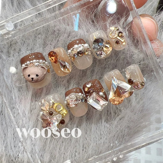 3D Elegant Camellia Nails | Stone Press on Nail | Bear Press on Nails | Ribbon Nails | Ballerina Nails Art Set | Wedding Nails