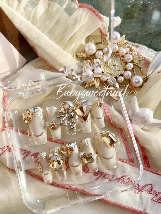 3D Elegant Camellia Nails | Stone Press on Nail | Heart Press on Nails | Ribbon Nails | Ballerina Nails Art Set | Wedding Nails